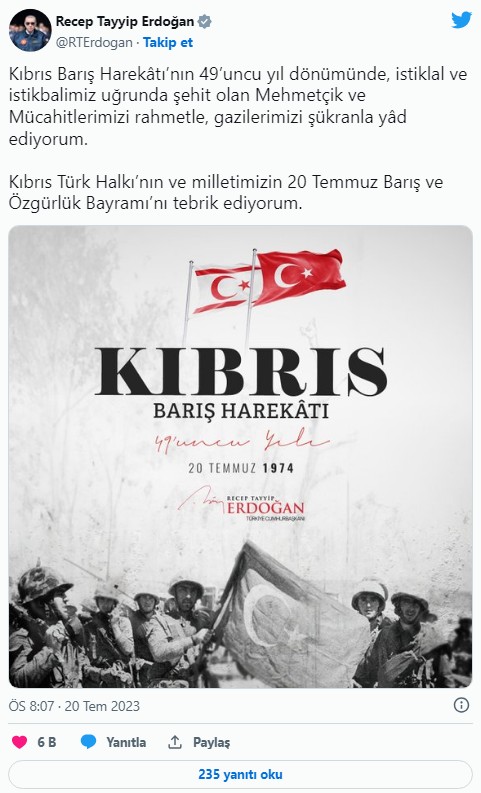 Başkan Erdoğan'dan Kıbrıs Barış Harekatı mesajı...